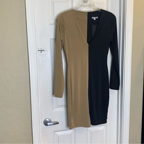Fashion Nova Two Timing Colorblock MIDI Dress Taupe/Combo Size Large - Picture 4 of 10